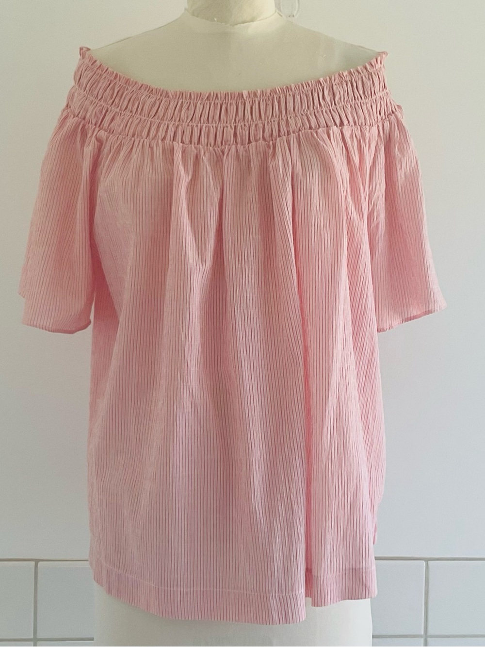 a.new.day Pink White Red Mini Pin StripeSmocked Neck Off-the-Shoulder Top Sz: L